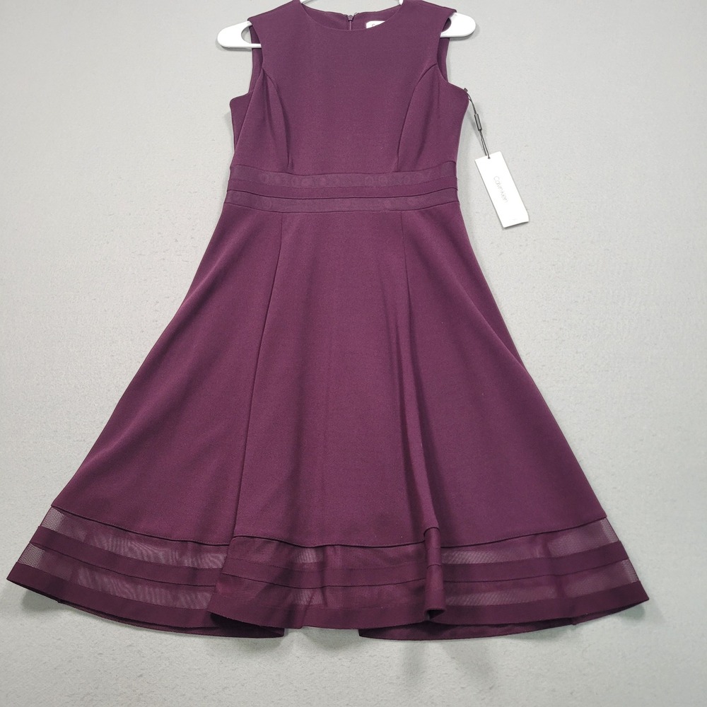 Calvin Klein Womens Sleeveless Fit and‎ Flare Mesh Trim Dress Aubergine Purple 2
